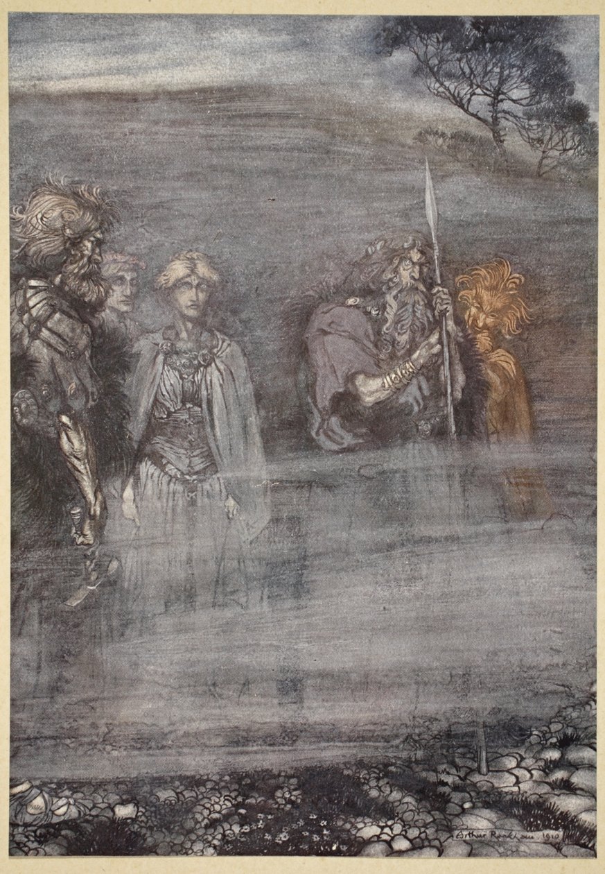 Bogowie słabną i starzeją się po utracie Frei, ilustracja z „Złoto Renu i Walkiria”, 1910 autorstwa Arthur Rackham