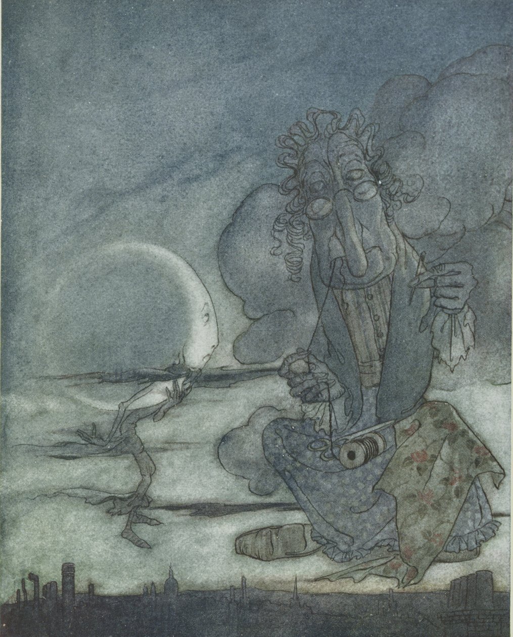 Księżyc i jej matka, ilustracja z „Bajek Ezopa”, wyd. Heinemann, 1912 autorstwa Arthur Rackham