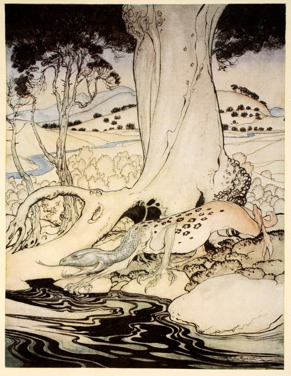 The Questing Beast, ilustracja z „Romansu króla Artura i jego rycerzy Okrągłego Stołu” Alfreda W. Pollarda, 1910 autorstwa Arthur Rackham