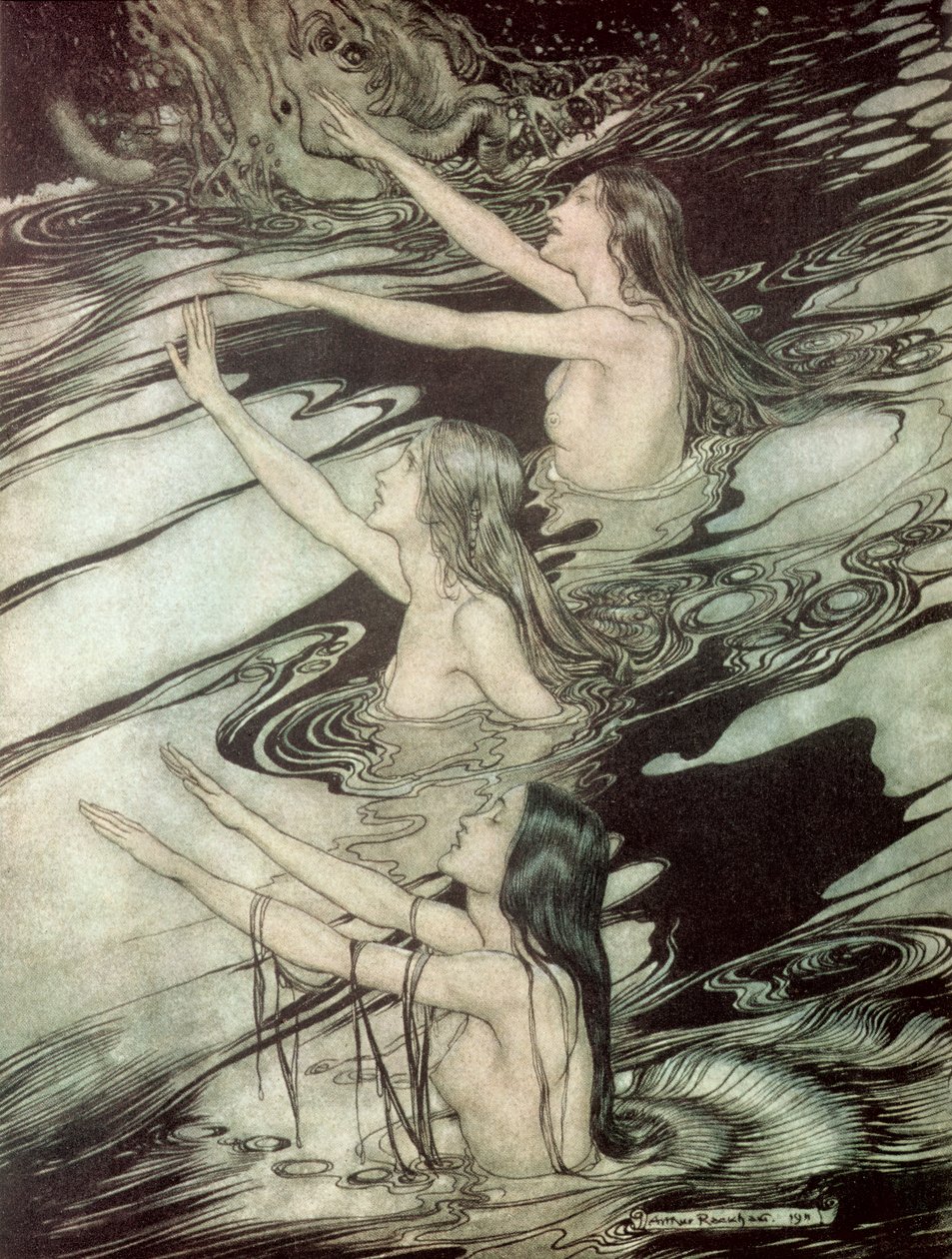 Panny nadreńskie, z „Zygfryda i Zmierzch bogów” Richarda Wagnera, 1911 autorstwa Arthur Rackham