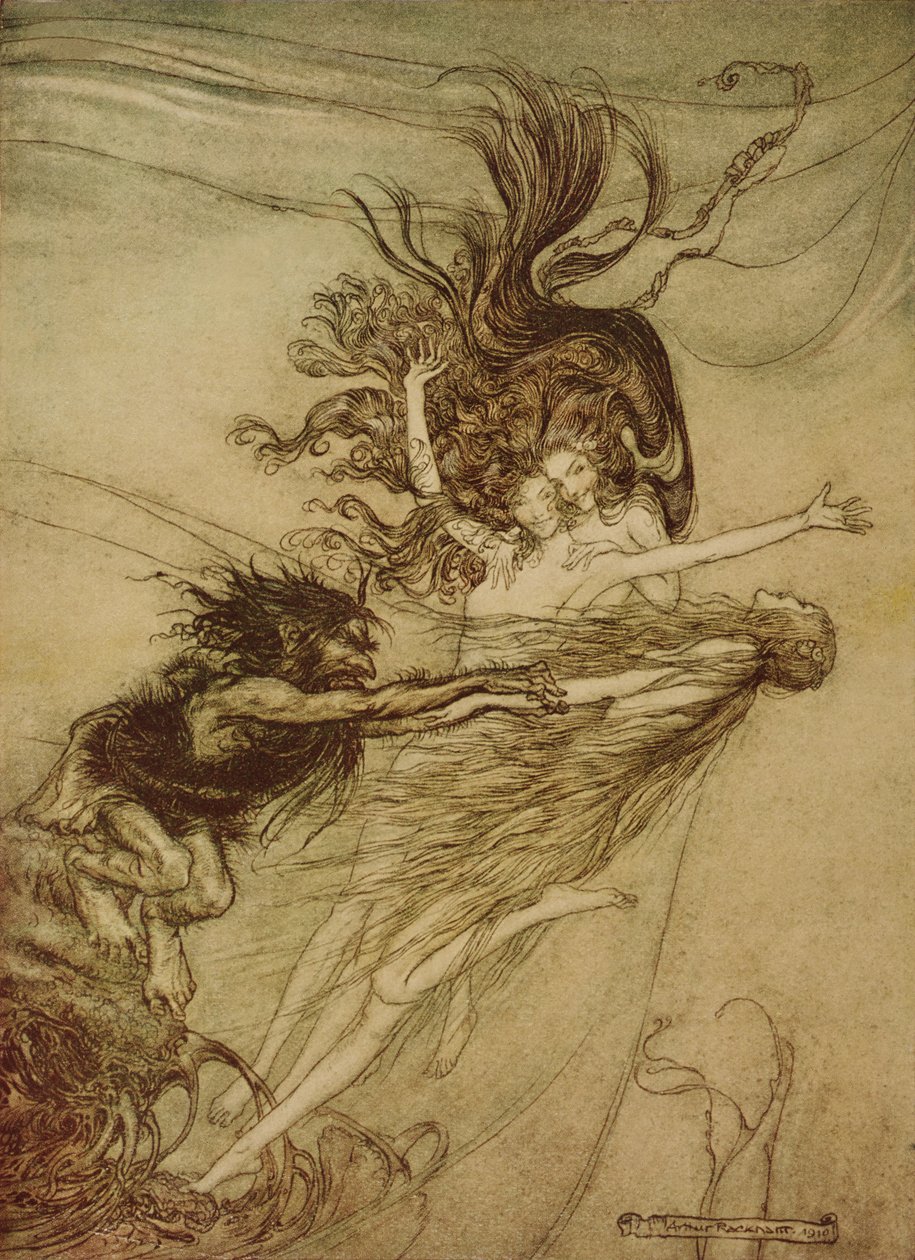 The Rhinemaidens drażniące Albericha z „Złoto Renu i Walkiria” Richarda Wagnera, 1910 autorstwa Arthur Rackham