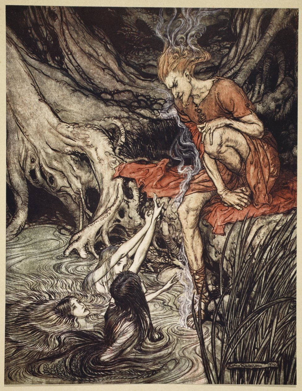 Czyste lśniące dzieci nad Renem opowiedziały mi o swoim smutku, ilustracja z „Złoto Renu i Walkiria”, 1910 autorstwa Arthur Rackham