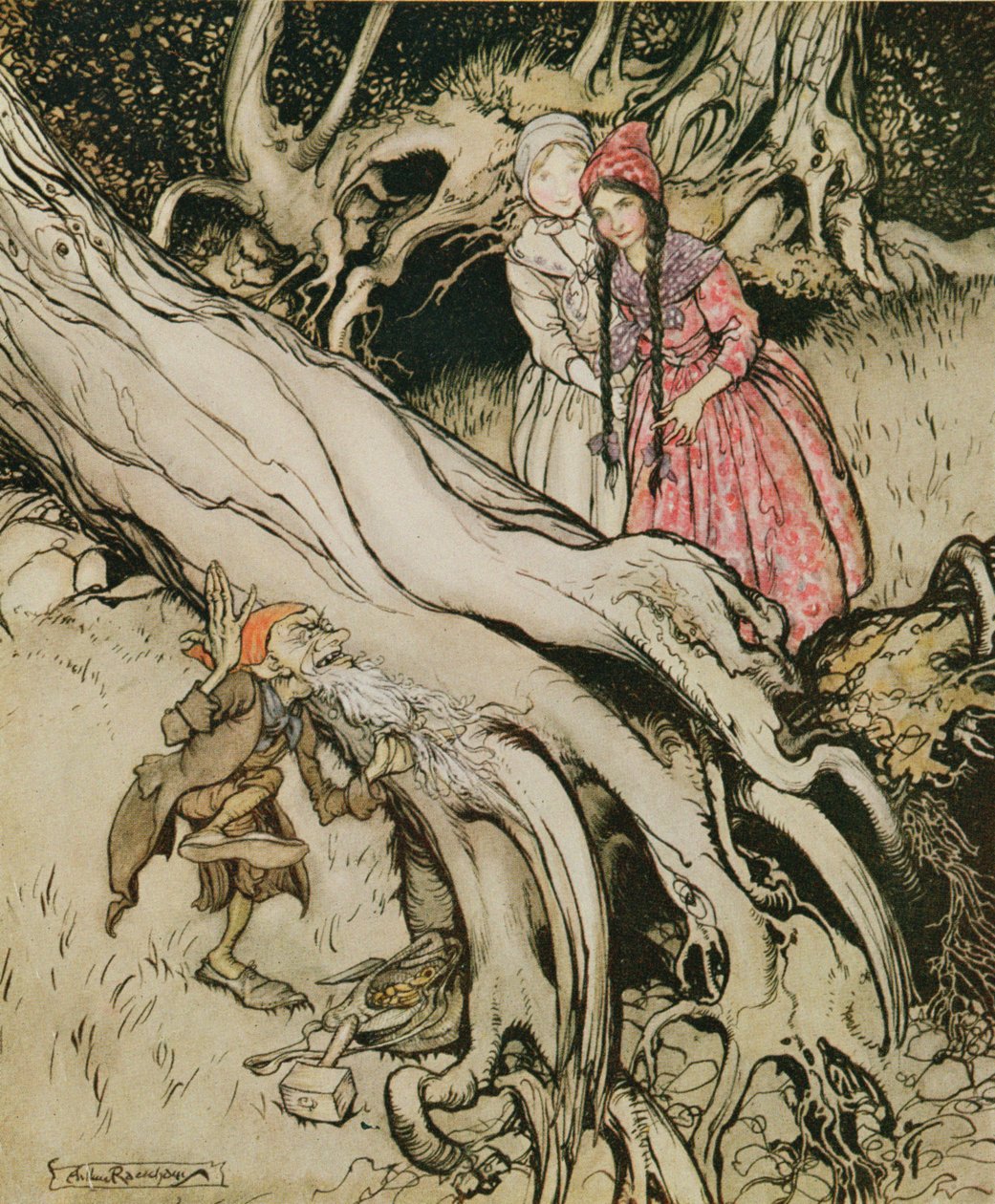 Koniec jego brody został złapany na drzewie, ilustracja z „Królewna Śnieżka i czerwona róża”, z Bajek braci Grimm, 1900 autorstwa Arthur Rackham