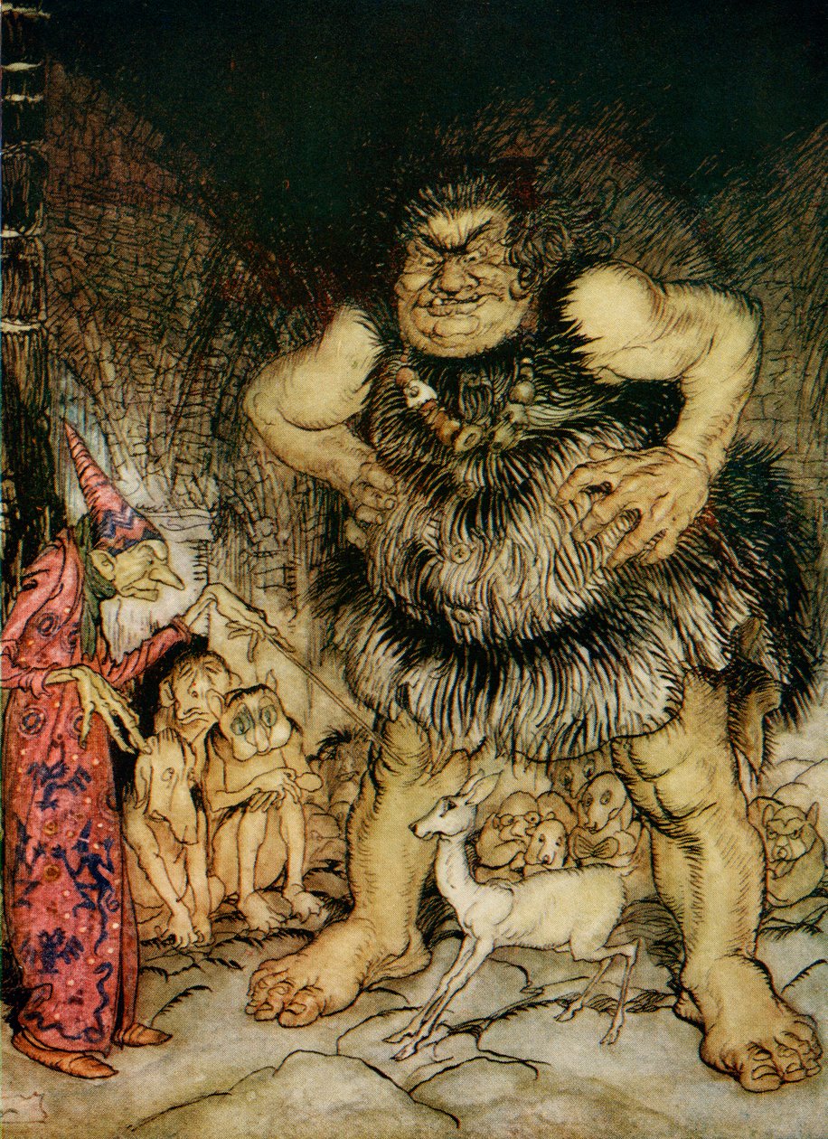 Olbrzym Galligantua i nikczemny stary mag zamieniają książęcą córkę w białą łanię, ilustracja do Jack the Giant Killer z English Fairy Tales Retold przez F.A. Steel, 1927 (kolor lit autorstwa Arthur Rackham