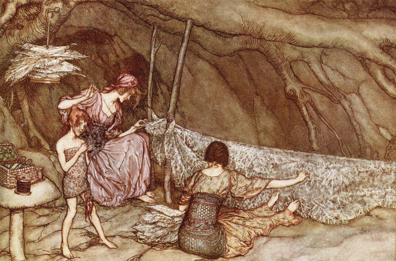 „Mali ludzie tkają swoje letnie zasłony ze szkieletowych liści”, z „Peter Pan in Kensington Gardens” J.M. Barrie (1860-1937) opublikowany w 1910 r. autorstwa Arthur Rackham