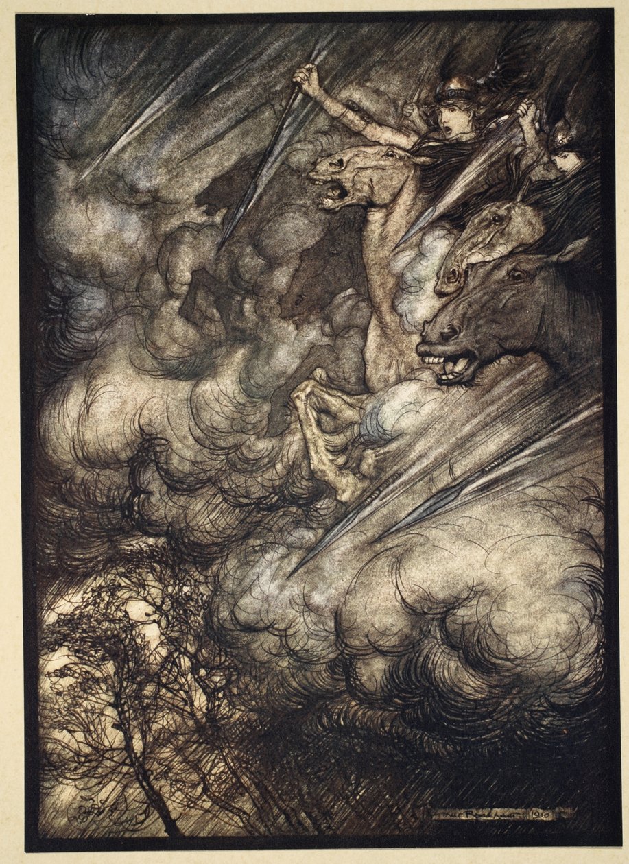 Jazda Walkirii, ilustracja z „Złoto Renu i Walkiria”, 1910 autorstwa Arthur Rackham
