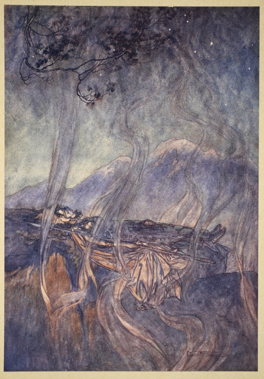 Sen Brunhildy, ilustracja z „Złoto Renu i Walkiria”, 1910 autorstwa Arthur Rackham