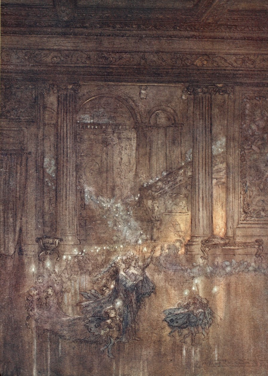 Przez dom daj migoczące światło, Przy martwym i sennym ogniu, ilustracja ze „Snu nocy letniej” Williama Szekspira, 1908 autorstwa Arthur Rackham