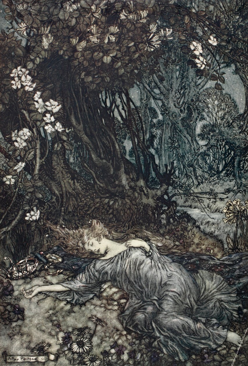 Titania śpiąca, ilustracja ze „Snu nocy letniej” Williama Szekspira, 1908 autorstwa Arthur Rackham