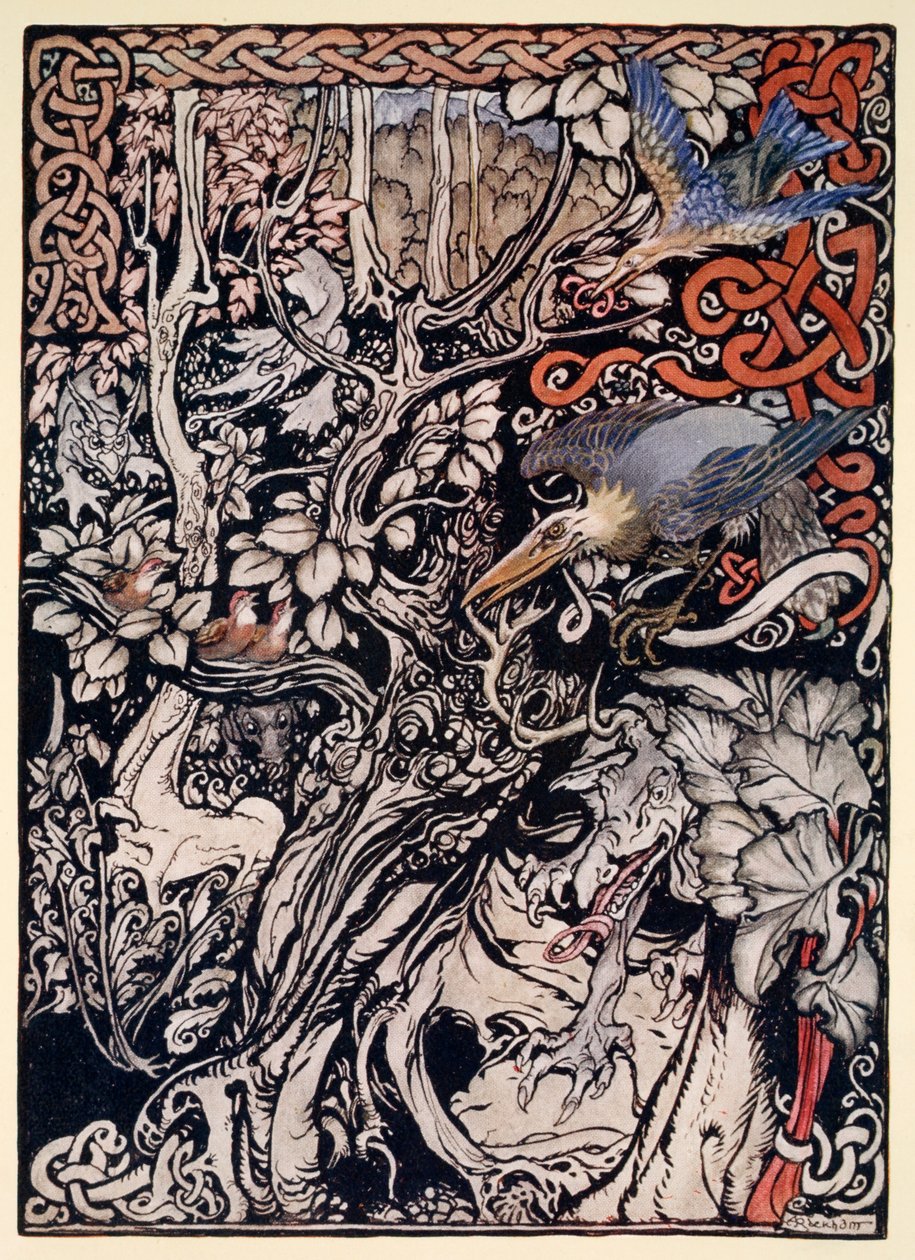 Dzikie, płochliwe i potworne stworzenia zamieszkują jej równiny i lasy", ilustracja z "Irish Fairy Tales" Jamesa Stephensa, 1920 r. autorstwa Arthur Rackham