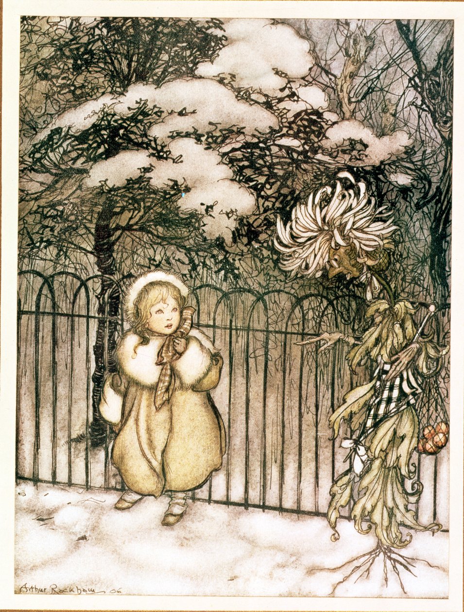 Zima z "Piotrusia Pana w Ogrodach Kensington" J.M. Barrie, 1906 r. autorstwa Arthur Rackham