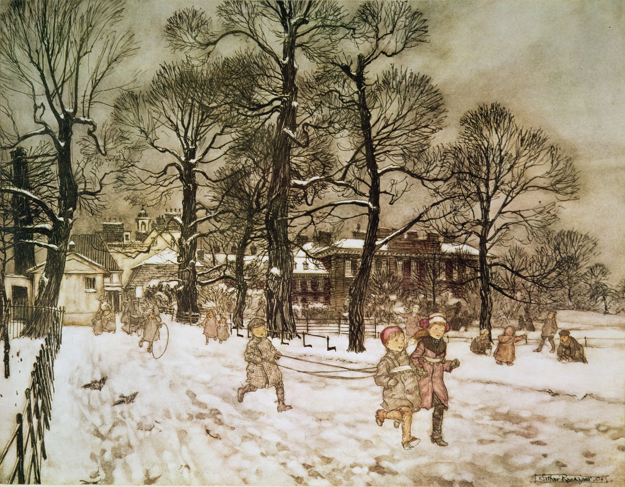 Zima w Kensington Gardens z „Peter Pan in Kensington Gardens” J.M. Barrie, 1906 autorstwa Arthur Rackham