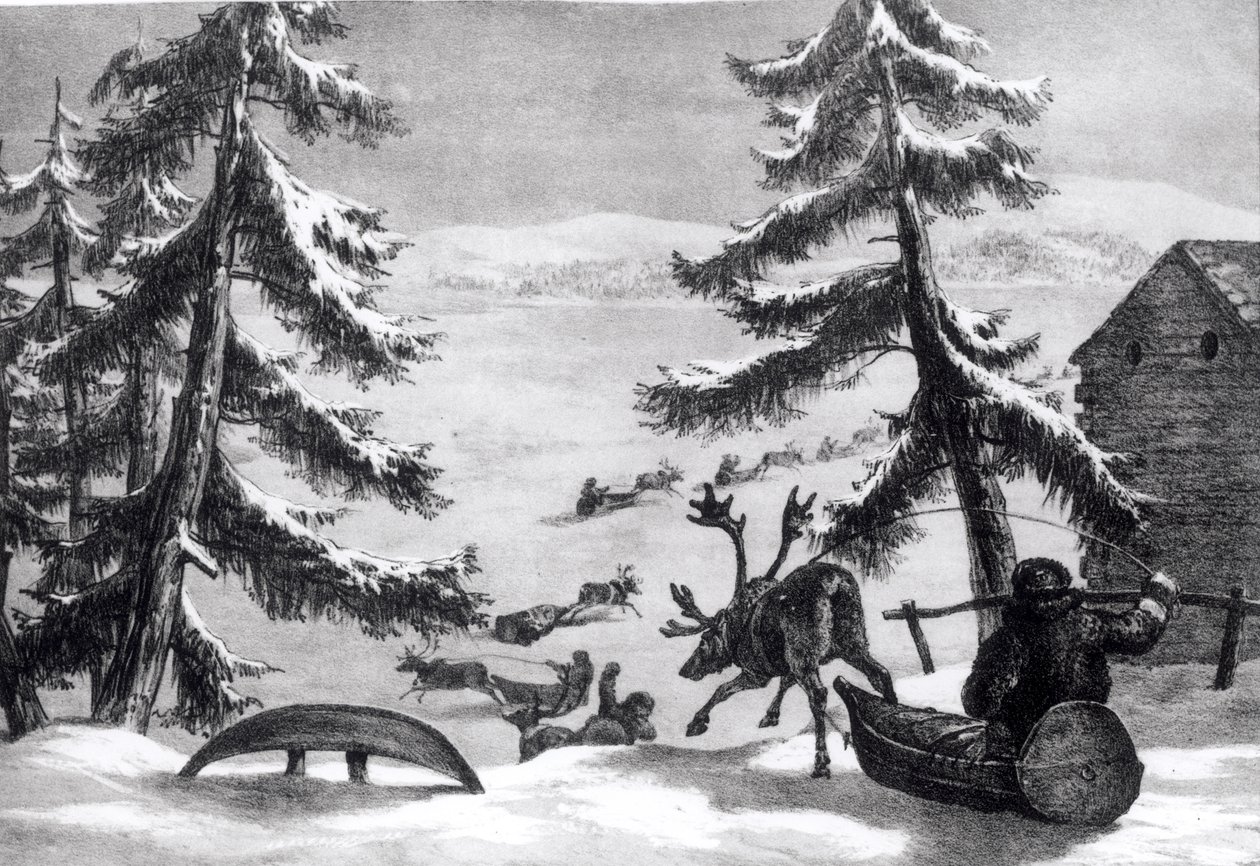 Sanie ciągnione przez renifery, z „Zimowych szkiców w Laponii” Brooke, opublikowane w 1827 r. autorstwa Arthur de Capell Brooke