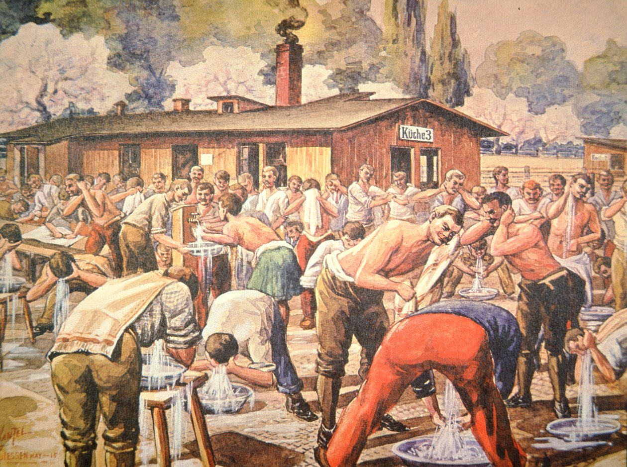 Sprzymierzeni jeńcy wojenni podczas ablucji w niemieckim obozie jenieckim w Geissen (litografia kolorowa) autorstwa Arthur (after) Nantel