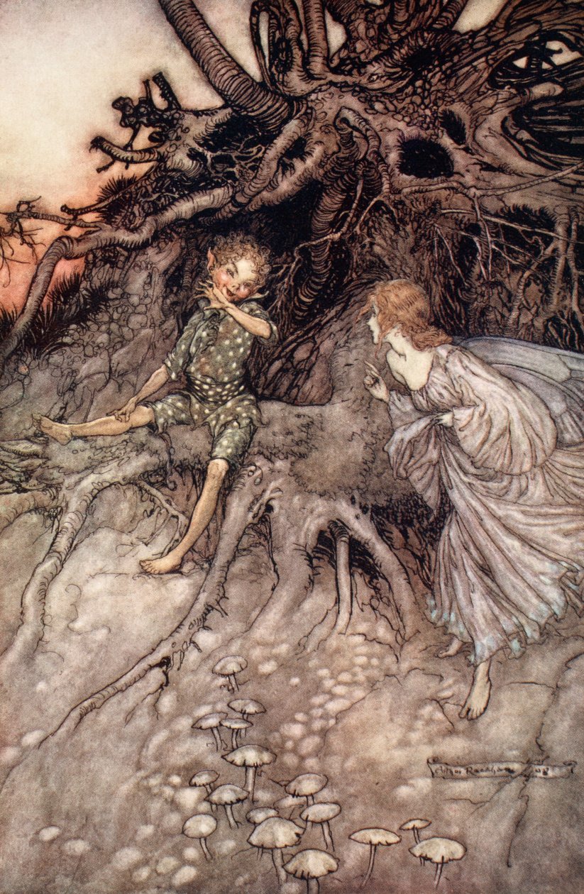 Jestem tym wesołym wędrowcem nocy, ilustracja z „Snu nocy letniej” Williama Szekspira autorstwa Arthur (after) Rackham