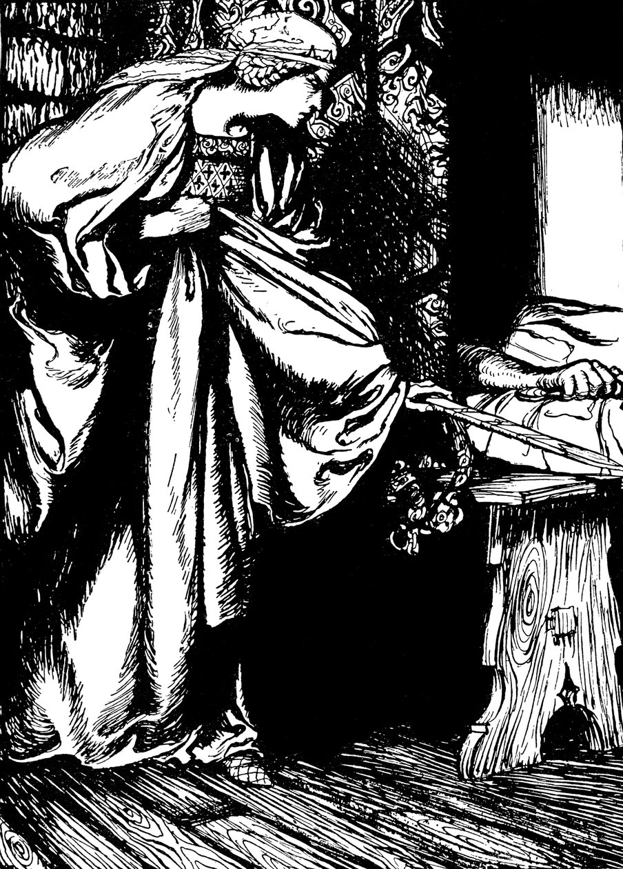 Morgan le Fay kradnący miecz Artura autorstwa Arthur (after) Rackham