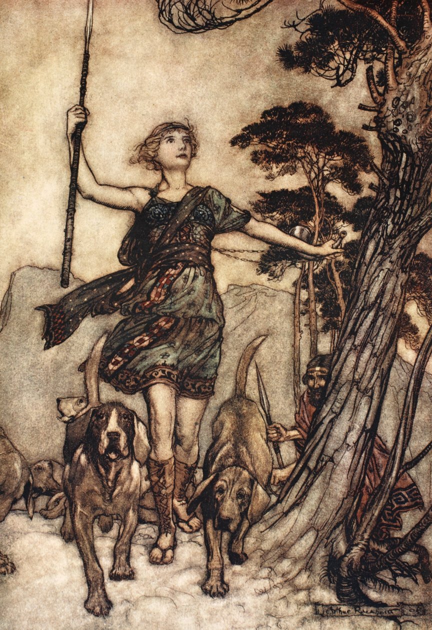 Wejdziemy, piękna królowo, na szczyt góry, I zaznaczymy muzyczne zamieszanie psów gończych i echo w połączeniu, ilustracja z „Snu nocy letniej” Williama Szekspira autorstwa Arthur (after) Rackham