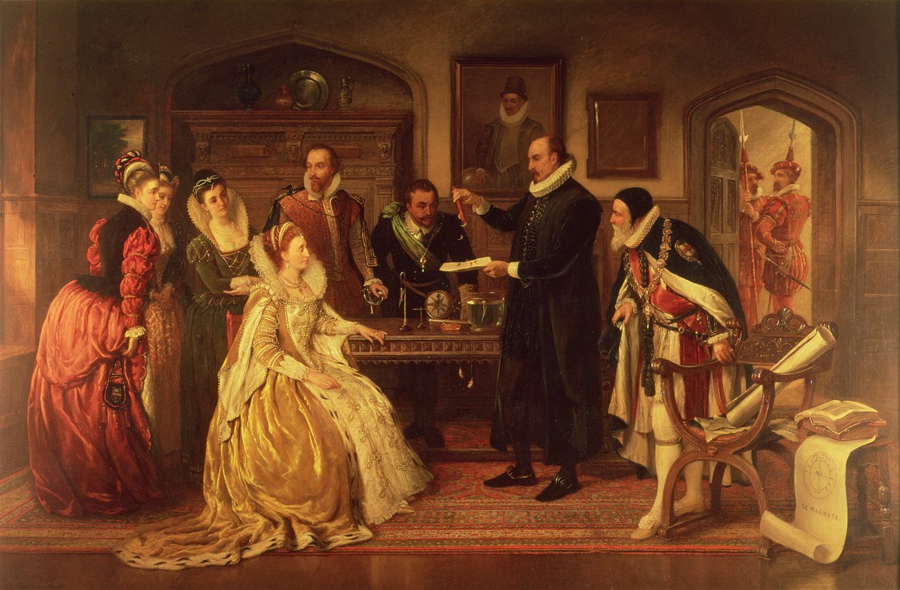 Dr William Gilbert (1544-1603) pokazujący swój eksperyment na elektryczność królowej Elżbiecie I i jej dworowi, XIX wiek (patrz szczegół 99460) autorstwa Arthur Ackland Hunt