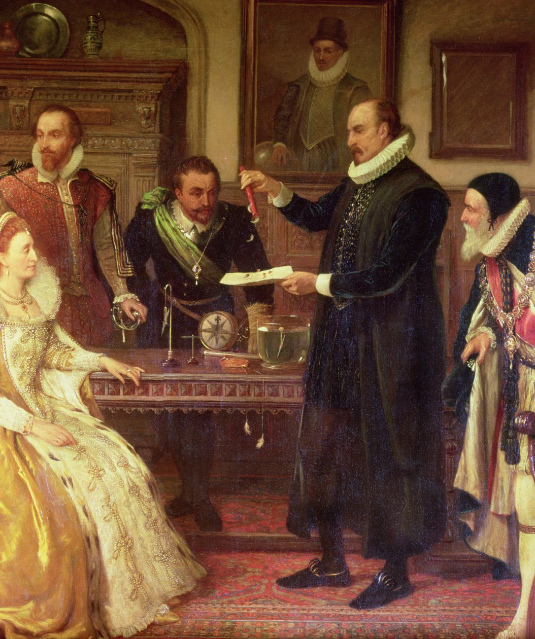 Dr William Gilbert 1544-1603 pokazuje swój eksperyment na elektryczność królowej Elżbiecie I i jej dworowi, fragment Gilberda, XIX-wieczny olej na płótnie autorstwa Arthur Ackland Hunt
