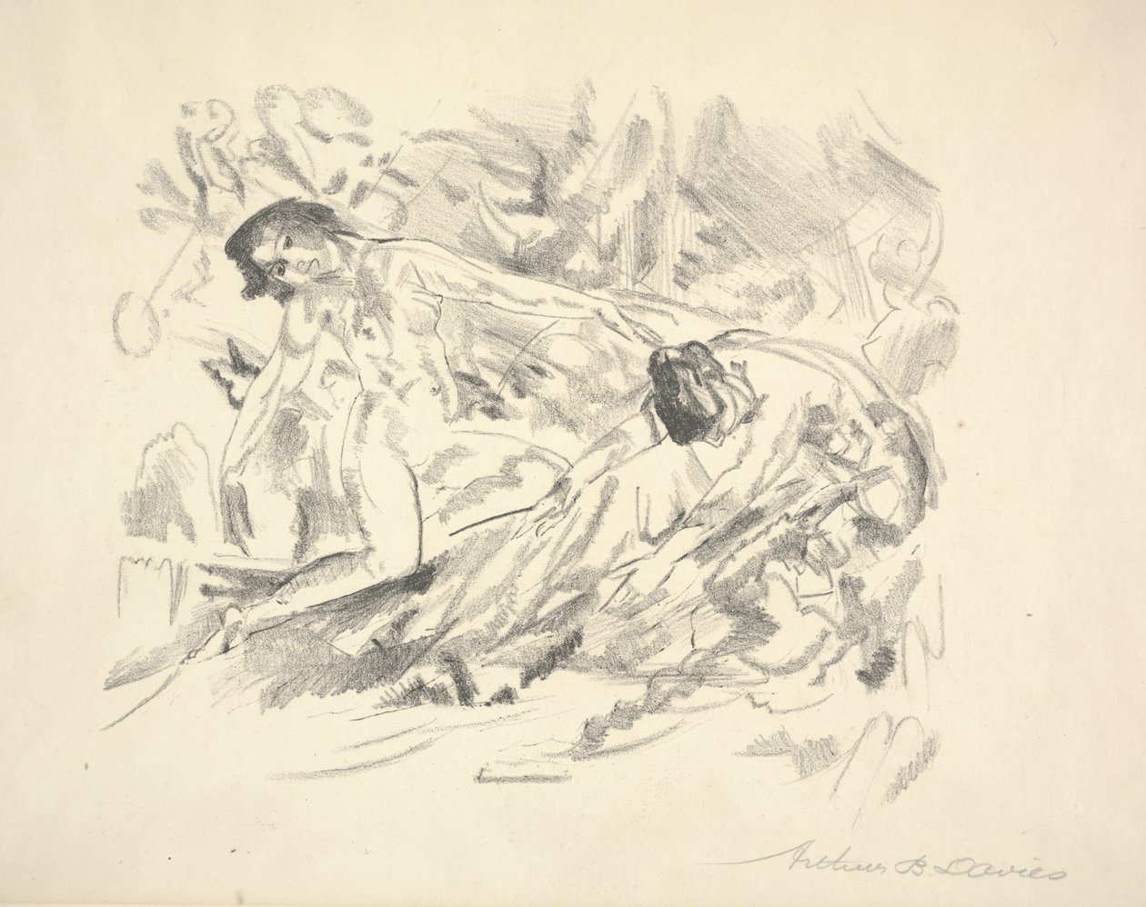 Dwie postacie kobiece w krajobrazie (ołówek na papierze) autorstwa Arthur Bowen Davies