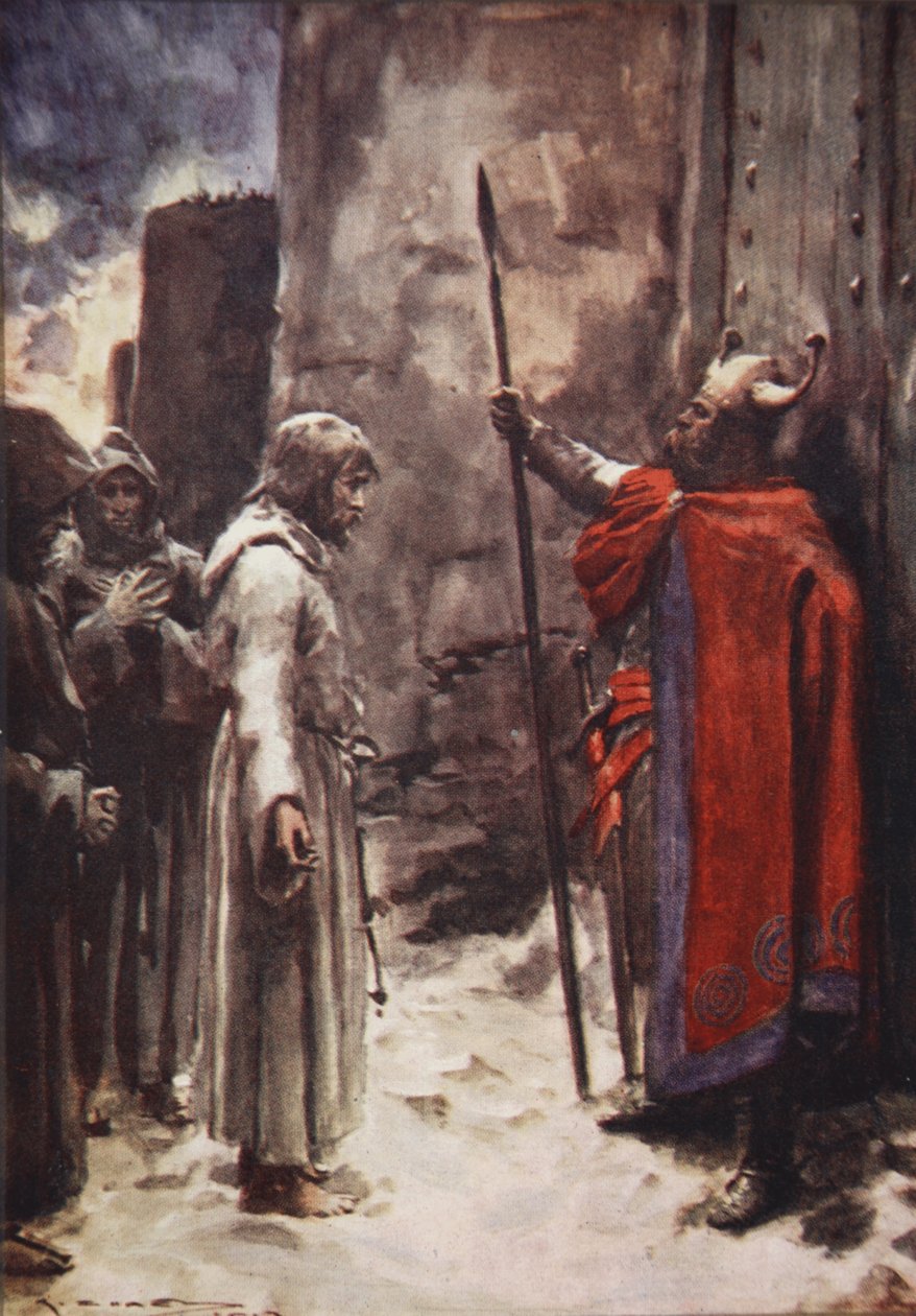 Bosy, ubrany we włosiennicę, Henry pojawił się przed bramą, błagając o przyjęcie, ilustracja z „Historii Niemiec” J.E. Marshall autorstwa Arthur C. (after) Michael