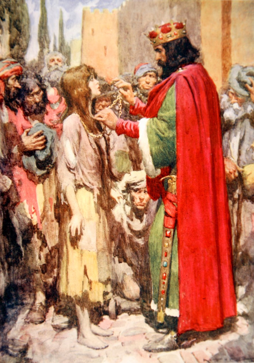 „Przez chwilę stali patrząc na siebie – bosa żebraczka w łachmanach i król w wysadzanej klejnotami koronie”, król Cophetua i żebraczka (kolor litho) autorstwa Arthur C. (after) Michael