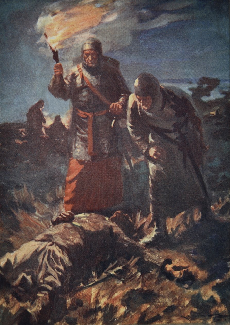 Na próżno szukali jego martwego ciała wśród zabitych, ilustracja z „Historii Niemiec” J.E. Marshall autorstwa Arthur C. (after) Michael