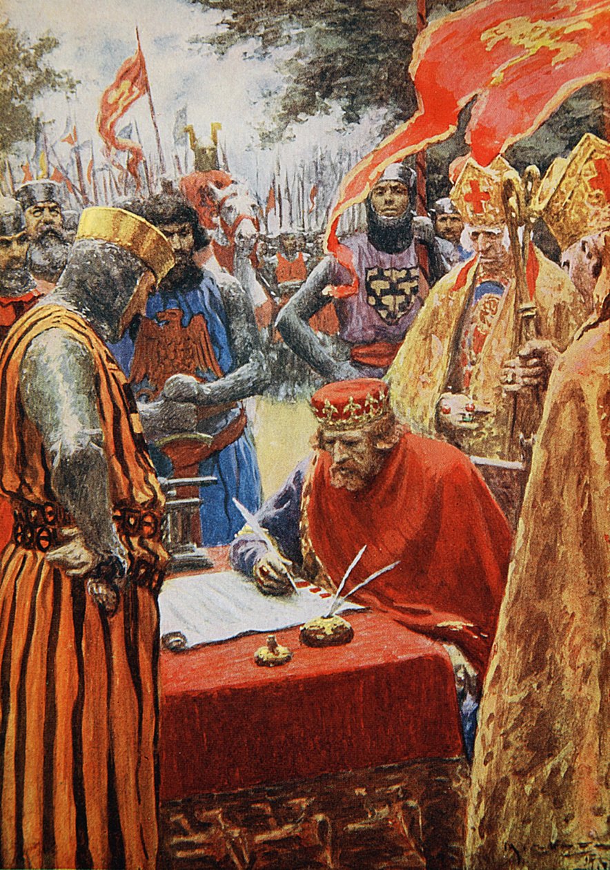 Król Jan niechętnie podpisuje Magna Carta (kolor lito) autorstwa Arthur C. (after) Michael