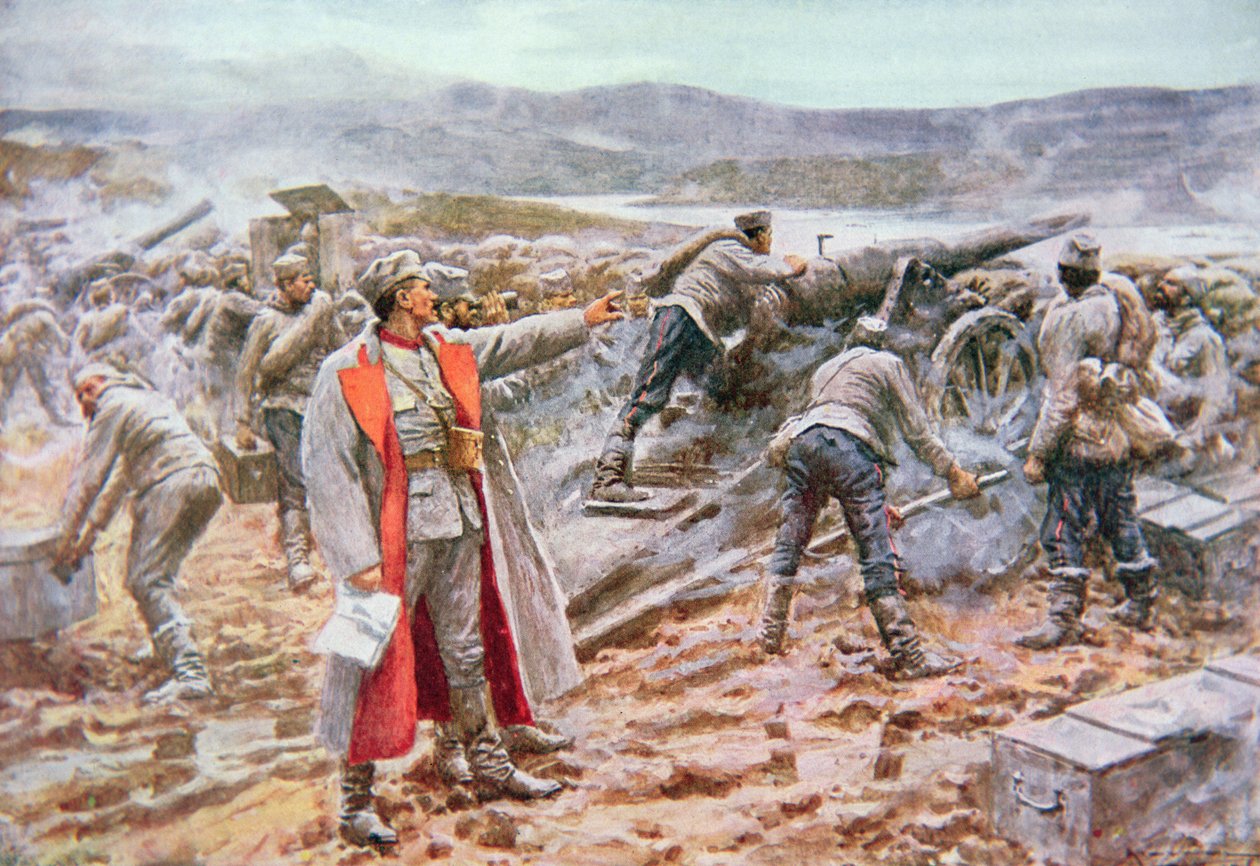 Artyleria serbska w akcji przeciwko Austriakom (kolor lito) autorstwa Arthur C. (after) Michael