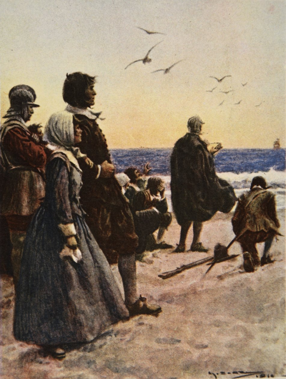 Odlot Mayflowera, ilustracja z „This Country of Ours, The Story of the United States” H.E. Marshall autorstwa Arthur C. (after) Michael