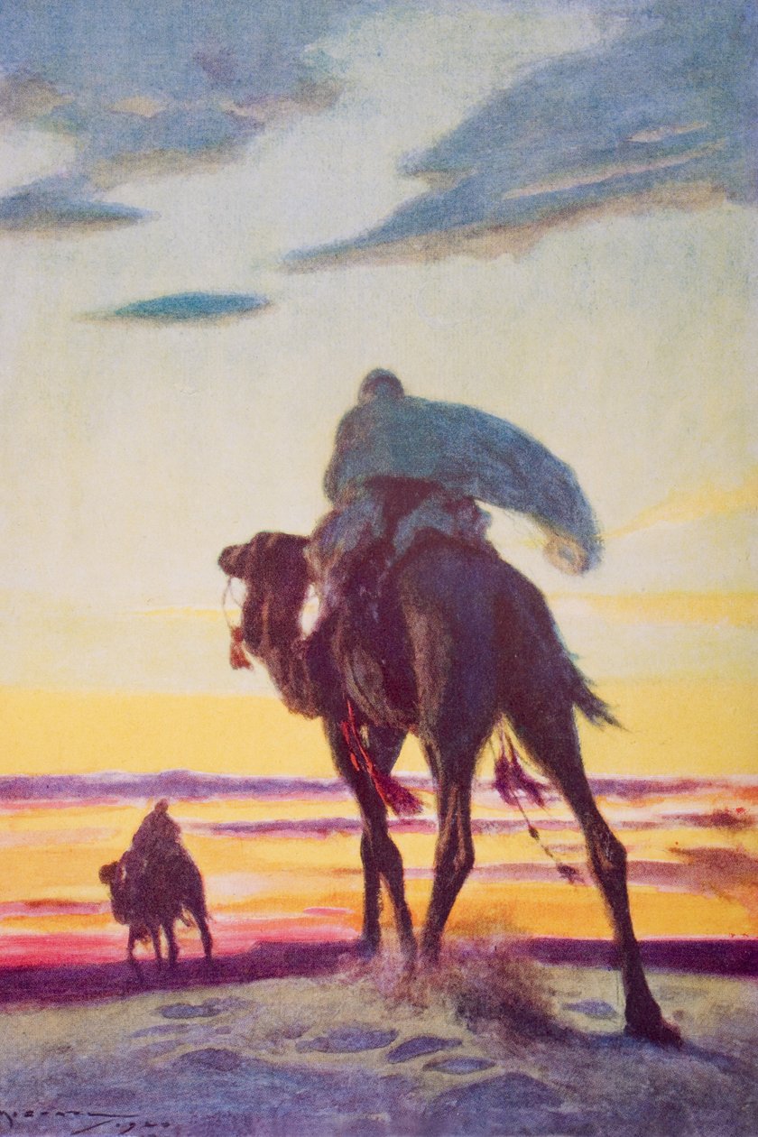Lot Mahometa do Medyny, ilustracja z „Zarysu historii” H.G. Wellsa, tom II, wydanej w 1920 r. (kolor lito) autorstwa Arthur C. (after) Michael