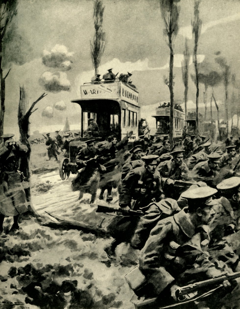 Autobusy londyńskie używane do transportu wojsk na front, I wojna światowa, 1914-1918, ok.1920. autorstwa Arthur C. Michael