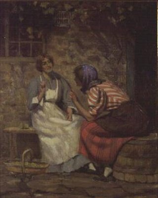Skandal, dwie dziewczyny plotkują przed domkiem autorstwa Arthur Claude Cooke