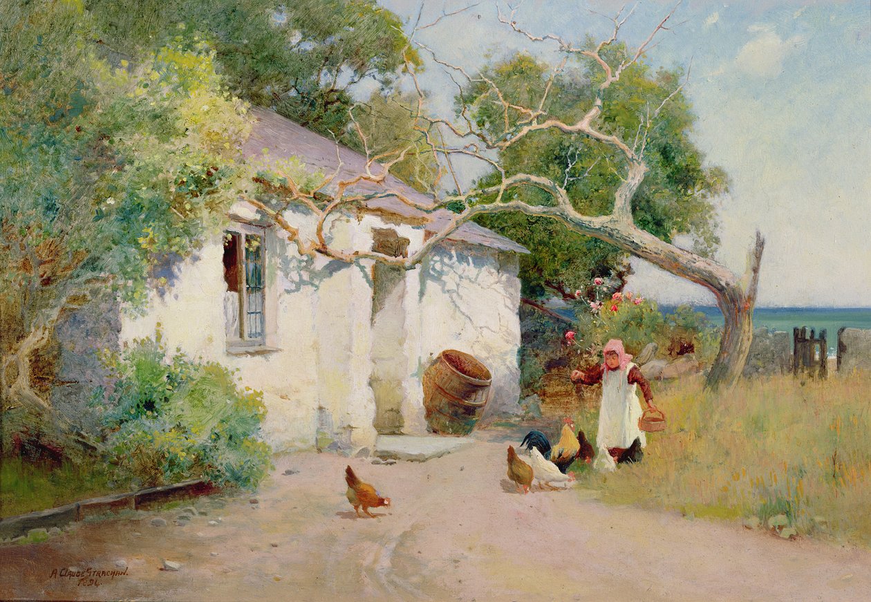 Karmienie kur, 1894 (olej) autorstwa Arthur Claude Strachan