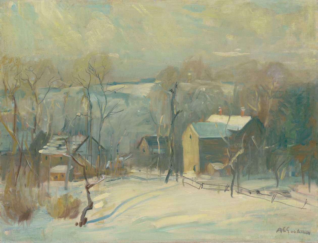 Wieś w śniegu (olej na płótnie) autorstwa Arthur Clifton Goodwin