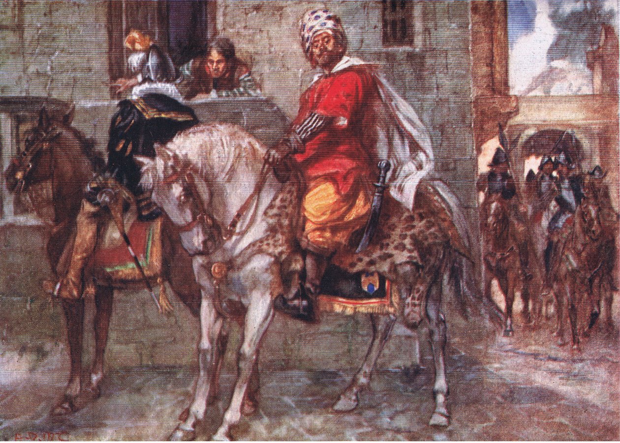 Don John przybył do Luksemburga i zrzucił swoje przebranie, stał odsłonięty, ilustracja z Romance of History: Holandia, lata 20. autorstwa Arthur David McCormick