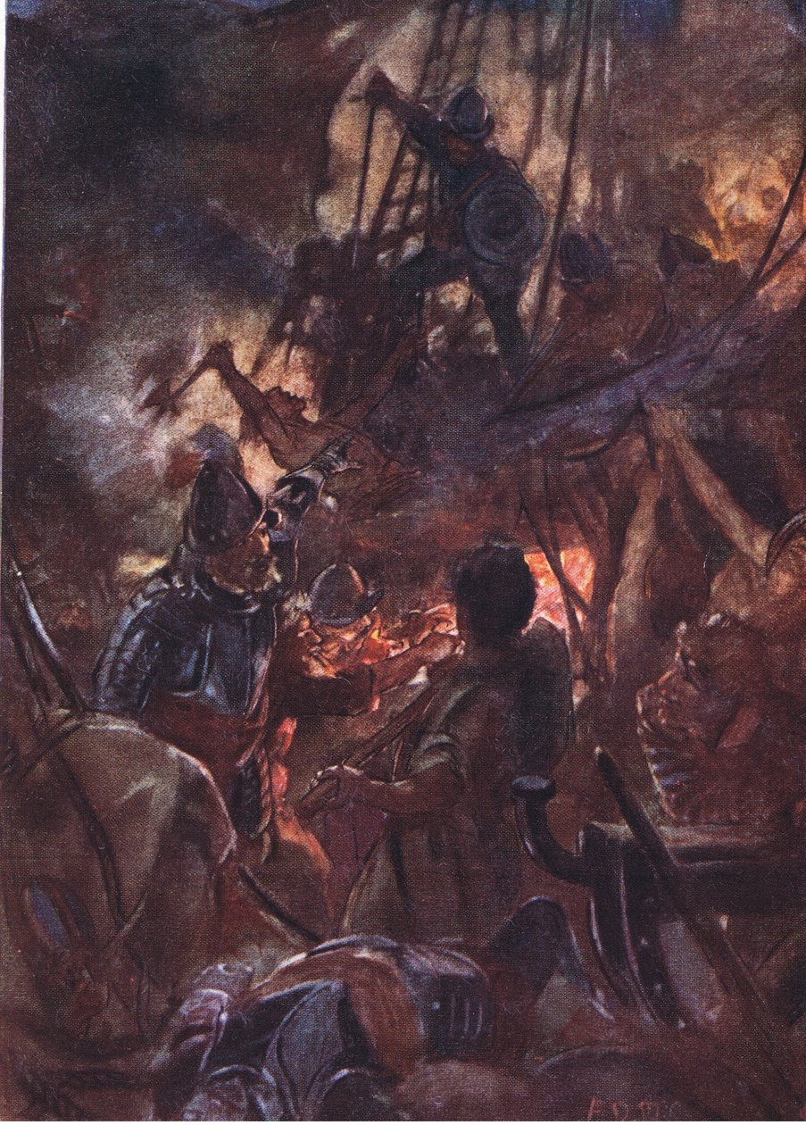 Zaciekle walka szalała i trwała długo, ilustracja z Romance of History: Holandia, lata 20. XX wieku autorstwa Arthur David McCormick