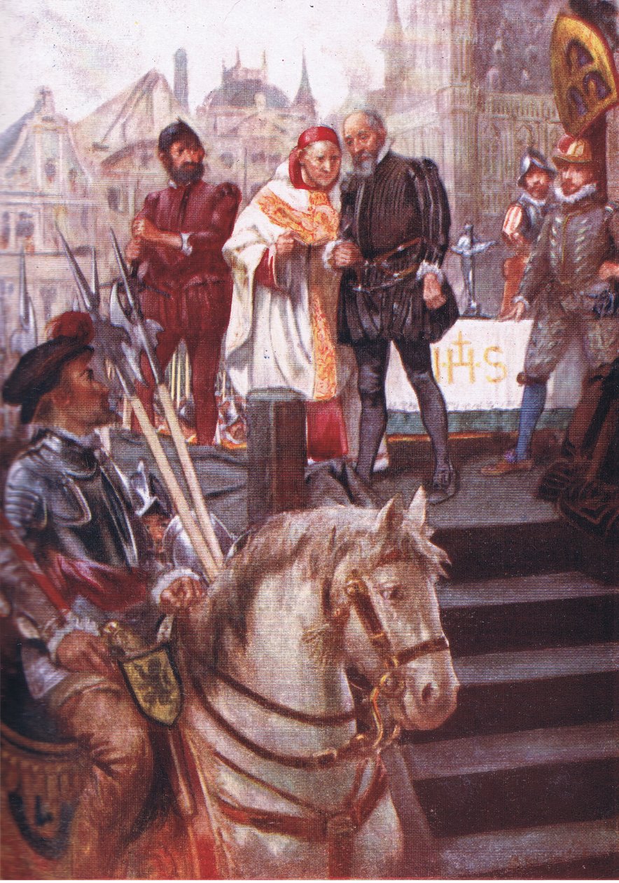 Na środku placu wzniesiono rusztowanie, ilustracja z Romance of History: Holandia, lata 20. XX wieku autorstwa Arthur David McCormick