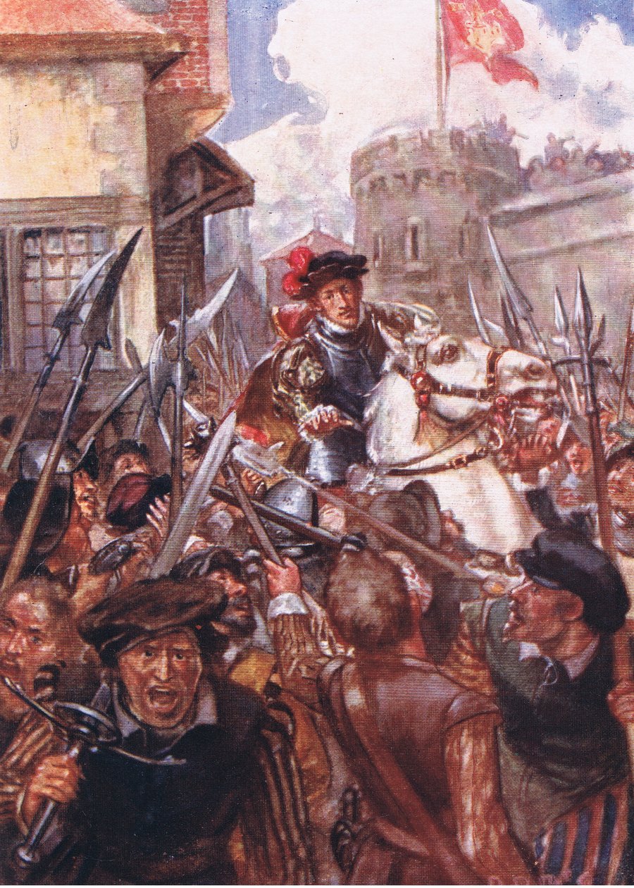 Wsiadając na konia, jechał cicho i bez opieki do czerwonej bramy, ilustracja z Romance of History: Holandia, lata 20. XX wieku autorstwa Arthur David McCormick