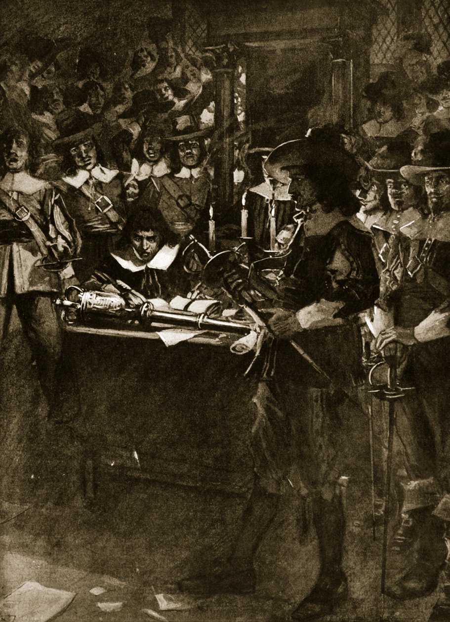 Strafford odkładający szablę w Izbie Gmin, ilustracja z "Historii narodu brytyjskiego" Hutchinsona, ok. 1920 r. autorstwa Arthur David McCormick