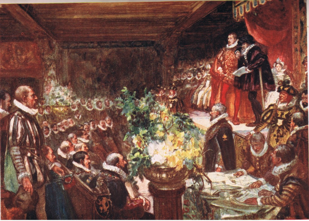 Cesarz przybył oparty na ramieniu wysokiego, przystojnego chłopaka, ilustracja z Romance of History: Holandia, lata 20. XX wieku autorstwa Arthur David McCormick