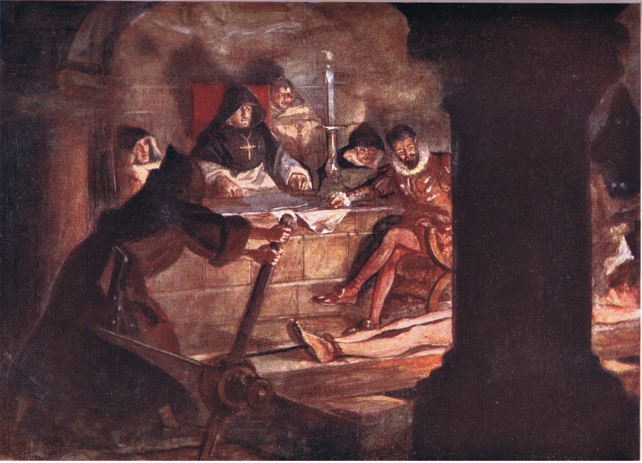 Inkwizycja! Sama nazwa była pełna grozy, ilustracja z Romance of History: Holandia, lata 20. XX wieku autorstwa Arthur David McCormick