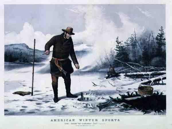 Amerykańskie sporty zimowe: łowienie pstrągów na jeziorze Chateaugay, wyd. przez Currier i Ives autorstwa Arthur Fitzwilliam (after) Tait