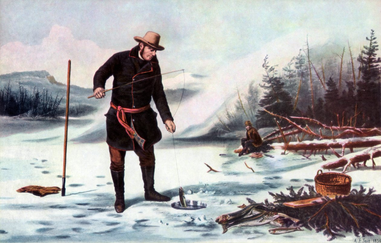 Łowienie pstrąga na jeziorze Chateaugay, American Winter Sports, 1856. autorstwa Arthur Fitzwilliam Tait