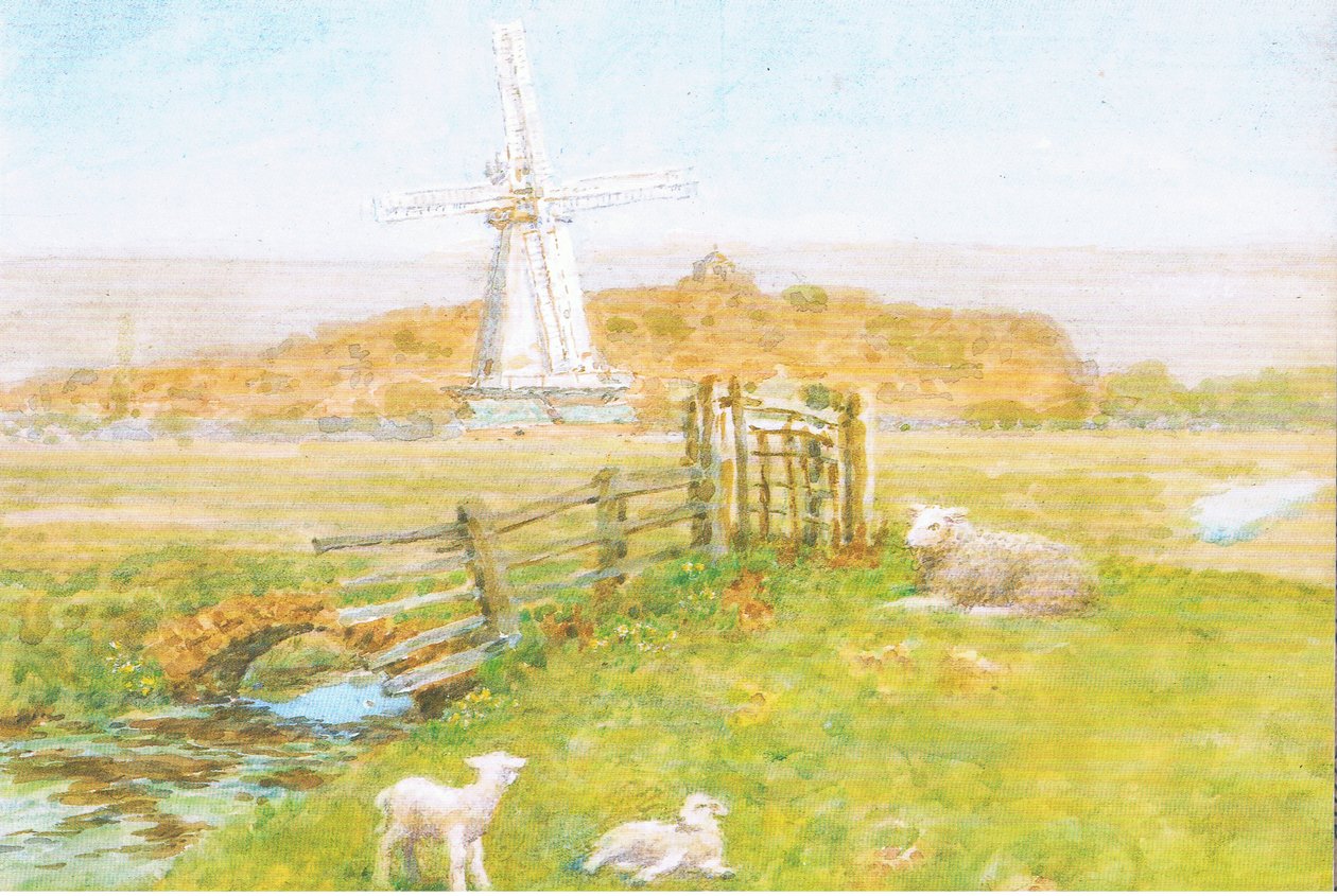Wiatrak, Rye, Sussex, pocztówka, lata 70. autorstwa Arthur Foord Hughes