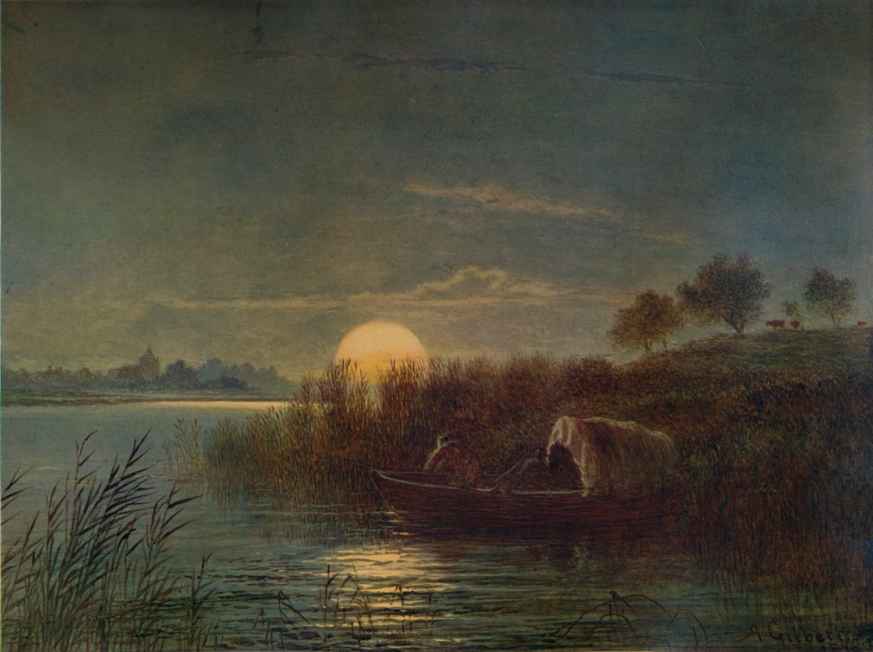 Scena rzeczna autorstwa Moonlight, z łodzią, 1879, 1935 autorstwa Arthur Gilbert