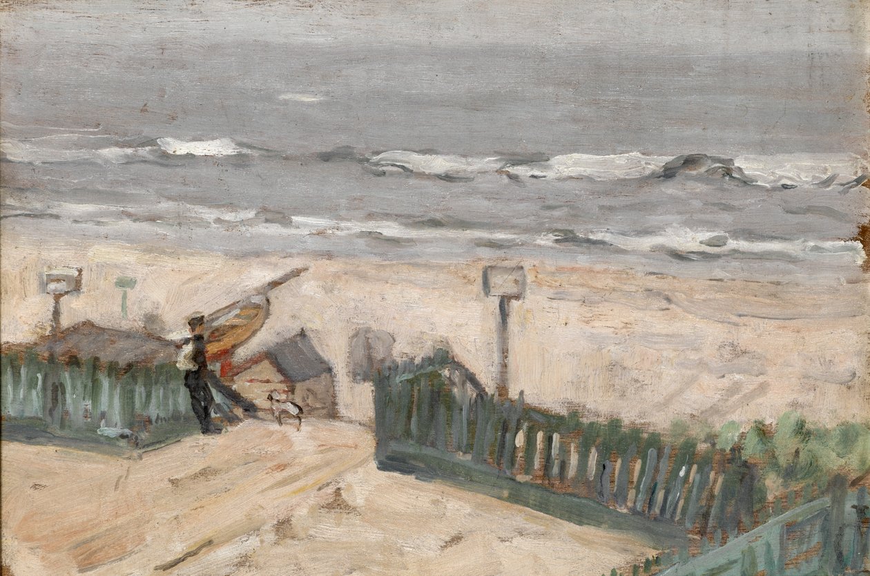 Chatki kąpielowe z rybakiem i psem, ok.1900 autorstwa Arthur Haythorne Studd