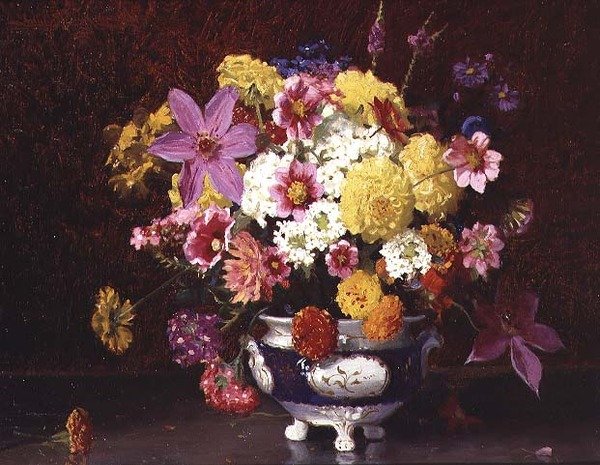 Martwa natura z bzami i chryzantemami autorstwa Arthur Herbert Buckland
