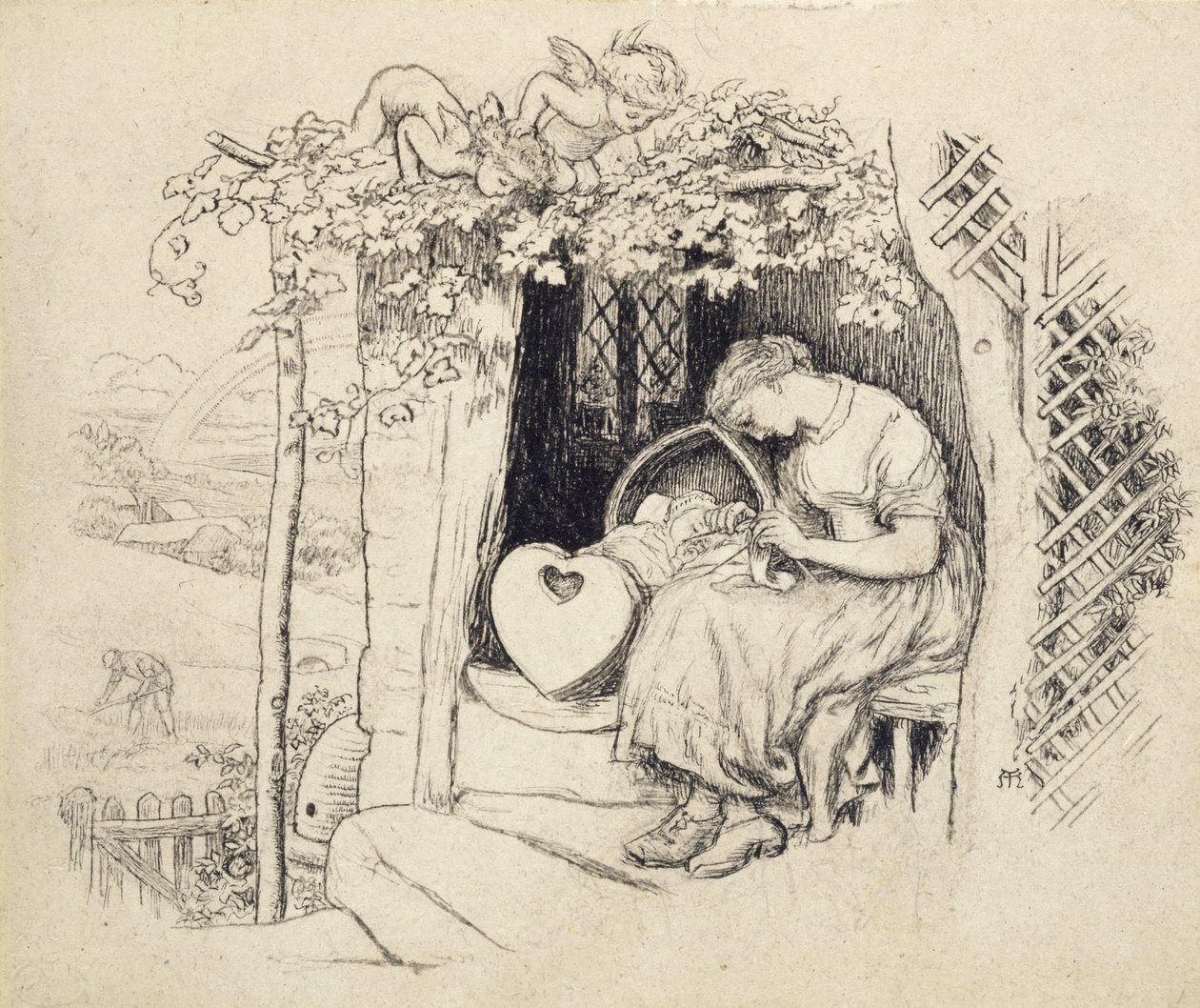 By the Cradle (pióro i tusz indyjski na graficie) autorstwa Arthur Hughes