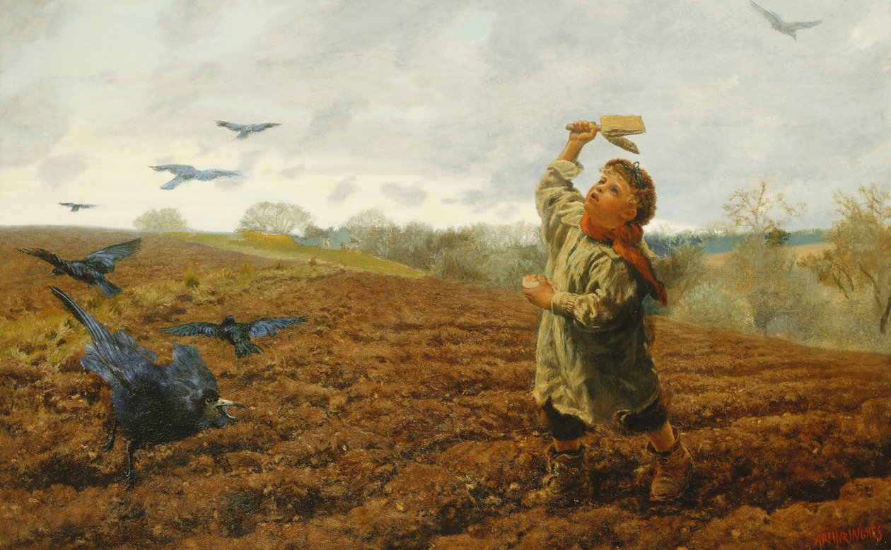 Strasznik kruków; „Gołębie i wrony, dbaj o swoje palce”, 1884 autorstwa Arthur Hughes